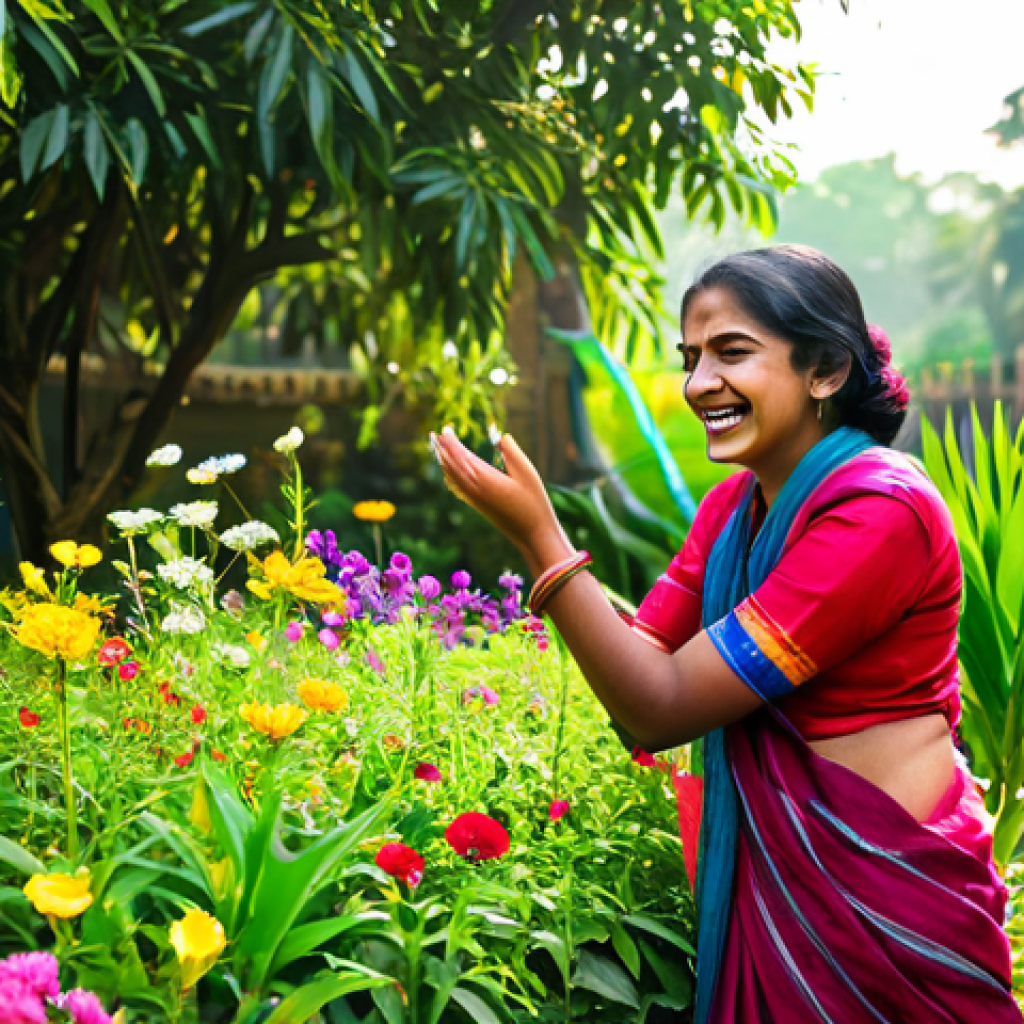 **

A young woman, fully clothed in a modest, traditional Bengali sari, is laughing joyfully while tending a small garden filled with vibrant flowers. Sunlight streams through the trees. Focus on her happy expression and the colorful flowers. Perfect anatomy, correct proportions, natural pose, well-formed hands, proper finger count, natural body proportions. Safe for work, appropriate content, professional, modest, family-friendly.

**