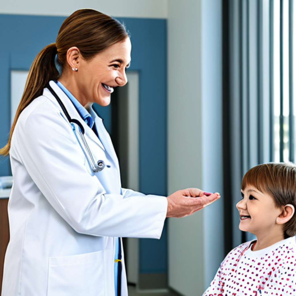 ** A fully clothed professional female doctor with perfect anatomy, wearing a modest white coat in a bright, modern hospital setting, interacting with a smiling child patient. Appropriate content, safe for work, family-friendly, natural proportions, well-formed hands, proper finger count.

**