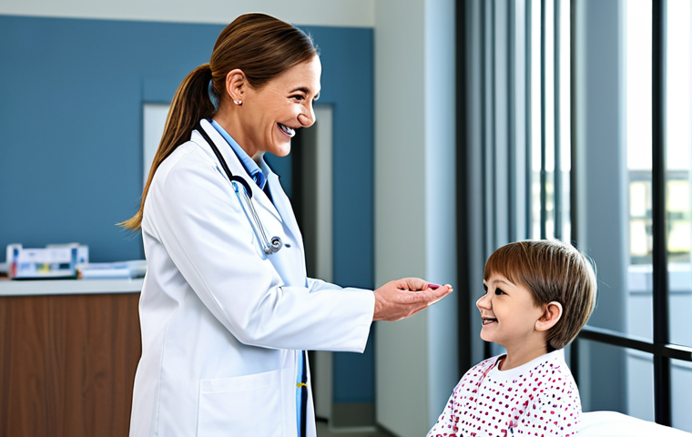 ** A fully clothed professional female doctor with perfect anatomy, wearing a modest white coat in a bright, modern hospital setting, interacting with a smiling child patient. Appropriate content, safe for work, family-friendly, natural proportions, well-formed hands, proper finger count.

**