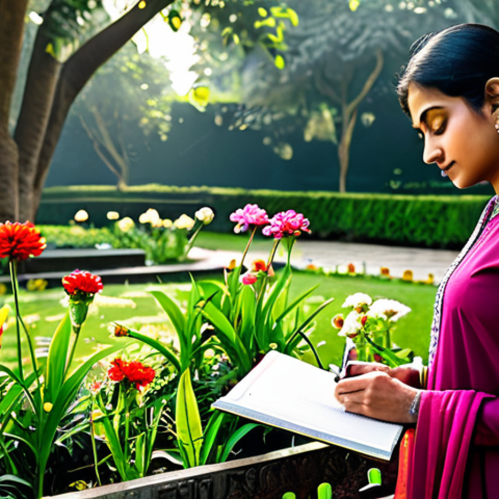 감정전이와 갈등 해결 - **

A professional woman in a modest, elegant salwar kameez, journaling in a serene garden filled wi...