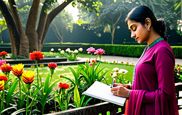 감정전이와 갈등 해결 - **

A professional woman in a modest, elegant salwar kameez, journaling in a serene garden filled wi...