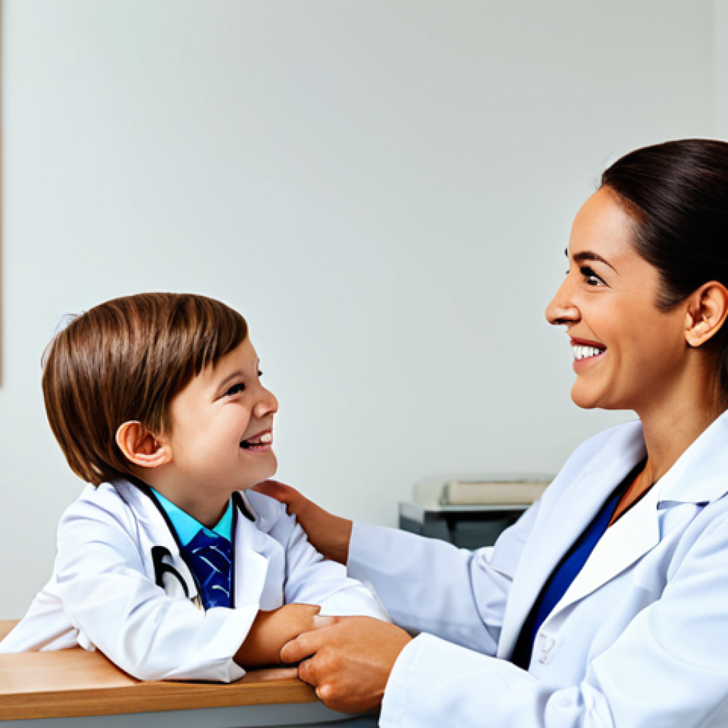 감정전이와 교류 분석 - ** A professional female doctor in a modest white coat, smiling warmly at a child patient in a brigh...