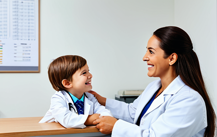 감정전이와 교류 분석 - ** A professional female doctor in a modest white coat, smiling warmly at a child patient in a brigh...