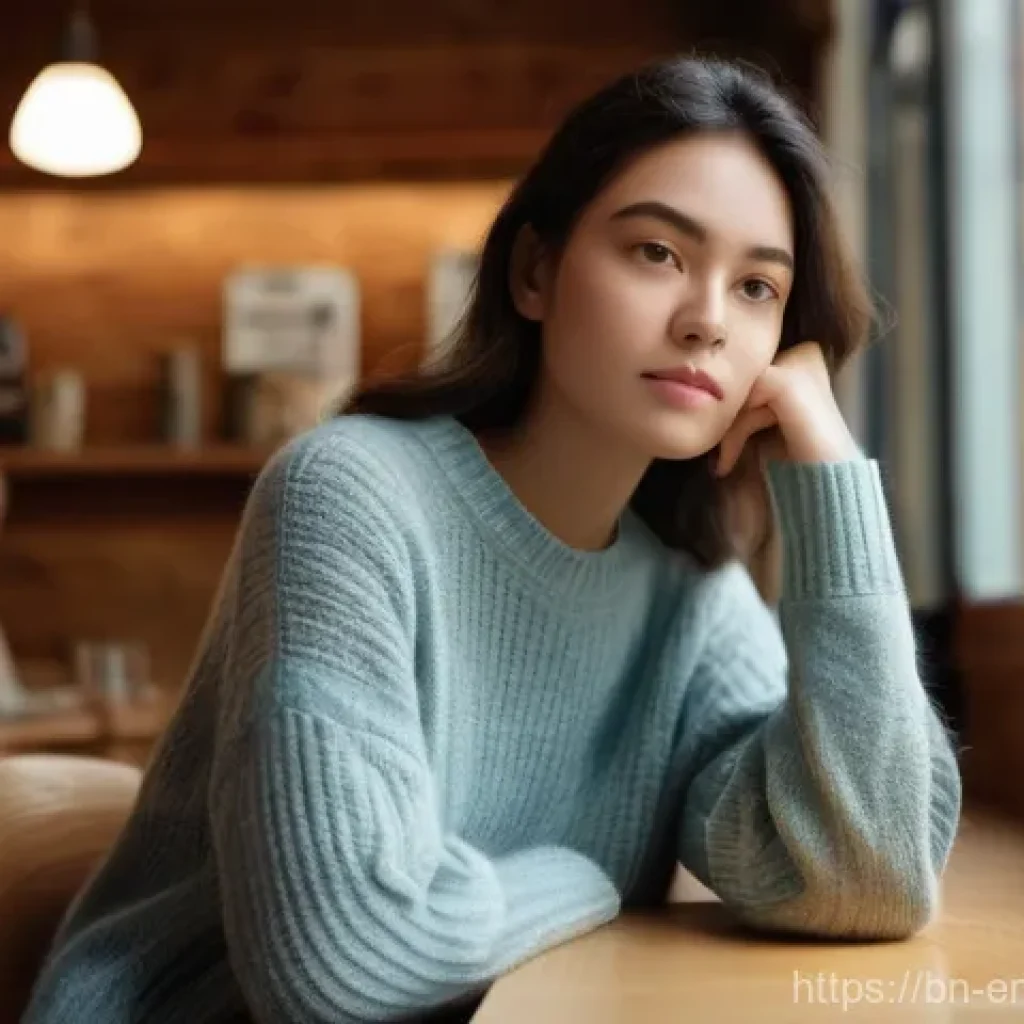 감정전이 자아존중감 - **Prompt:** A young woman (20s-30s) sitting at a small table in a moderately busy cafe, her expressi...