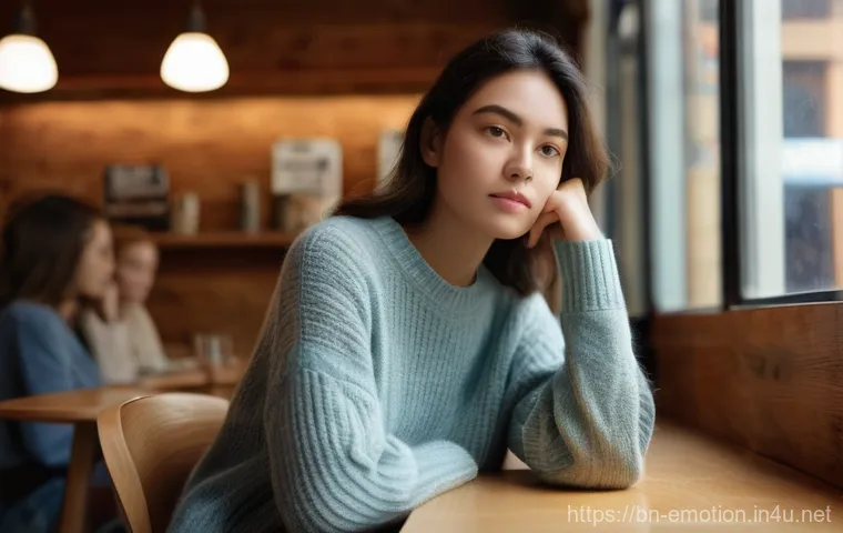 감정전이 자아존중감 - **Prompt:** A young woman (20s-30s) sitting at a small table in a moderately busy cafe, her expressi...