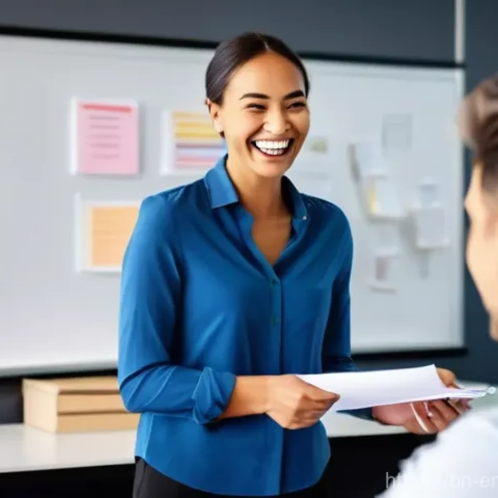 감정전이 직장 내 의사소통 - **Prompt: The Ripple Effect of a Positive Smile in a Modern Office.**
    A bright, ultra-modern ope...