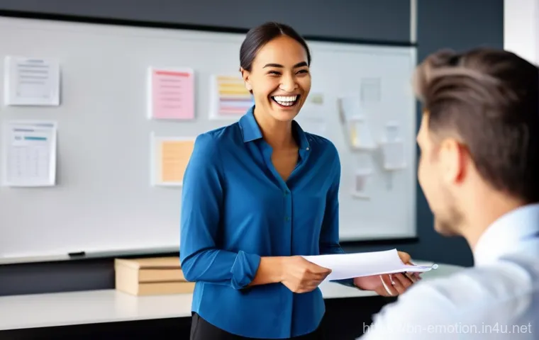 감정전이 직장 내 의사소통 - **Prompt: The Ripple Effect of a Positive Smile in a Modern Office.**
    A bright, ultra-modern ope...