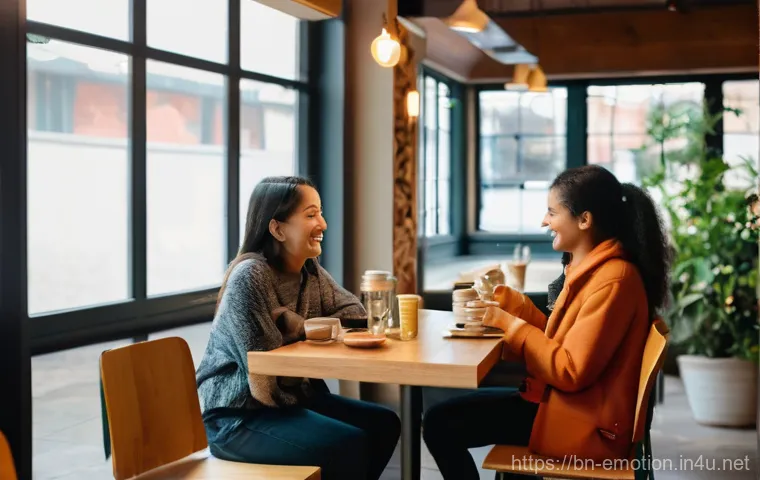 감정전이와 심리적 변화 - **Prompt:** A serene and warm indoor cafe setting, filled with diverse individuals of various ages, ...