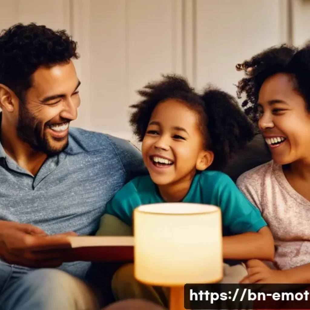 감정전이 사례 - **Prompt:** A warm, brightly lit image of a diverse family (parents and two children, aged around 5 ...