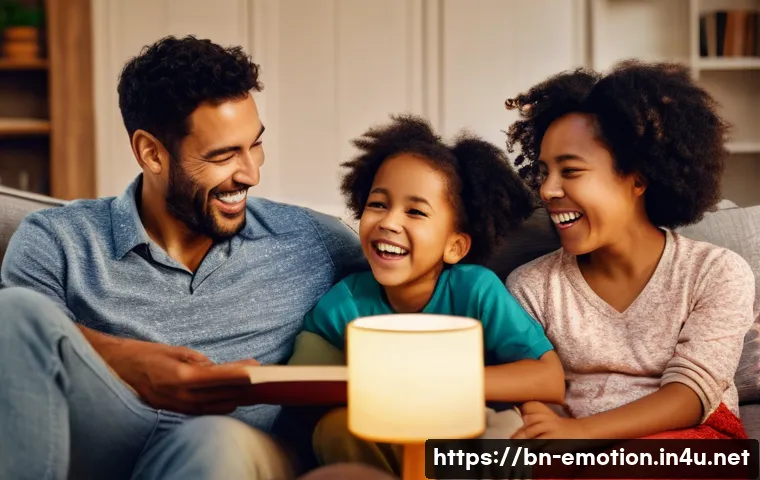 감정전이 사례 - **Prompt:** A warm, brightly lit image of a diverse family (parents and two children, aged around 5 ...