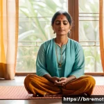 감정전이 인지 행동 치료 - A serene Bengali woman sitting cross-legged on a traditional mat indoors, practicing meditation with...