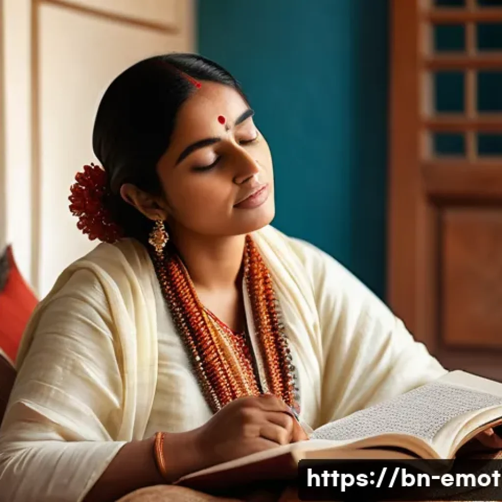 감정전이와 외상 후 성장 - A thoughtful Bengali adult woman sitting peacefully in a sunlit room, journaling her emotions and me...