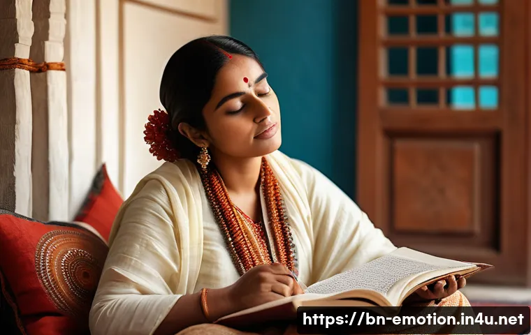 감정전이와 외상 후 성장 - A thoughtful Bengali adult woman sitting peacefully in a sunlit room, journaling her emotions and me...