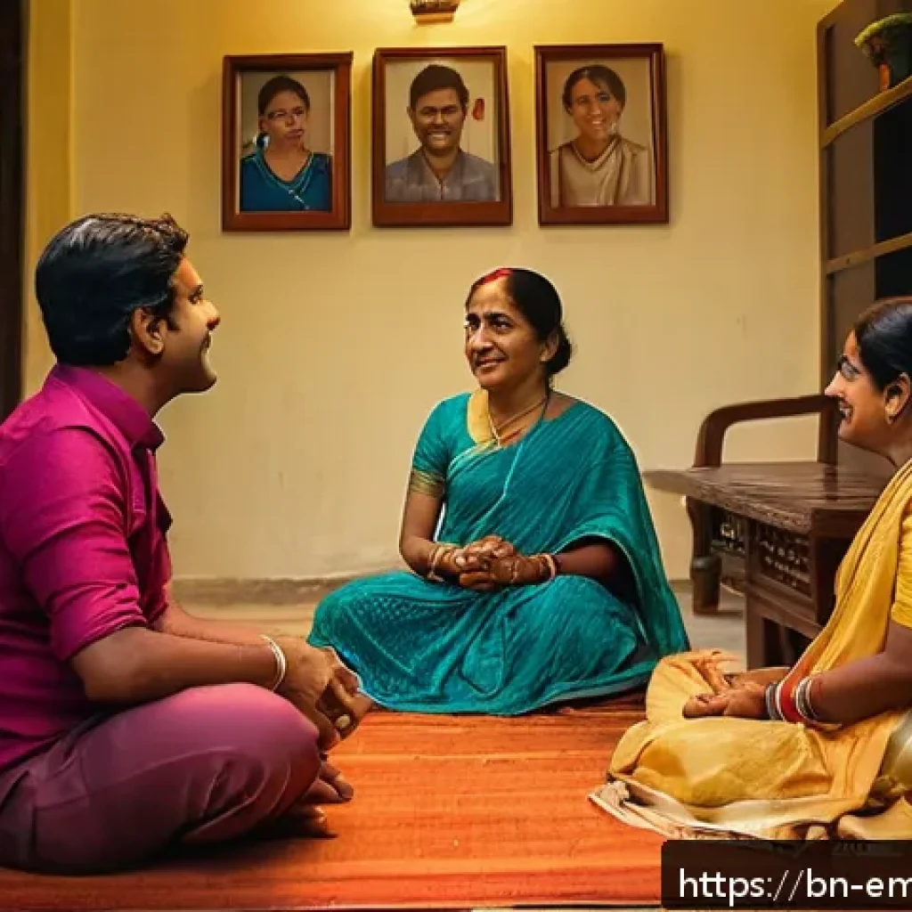 감정전이 대인관계 - A warm and intimate scene showing a Bengali family sitting together in a cozy living room, engaging ...