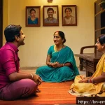 감정전이 대인관계 - A warm and intimate scene showing a Bengali family sitting together in a cozy living room, engaging ...