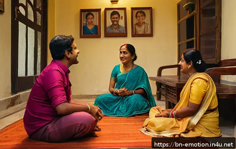 감정전이 대인관계 - A warm and intimate scene showing a Bengali family sitting together in a cozy living room, engaging ...