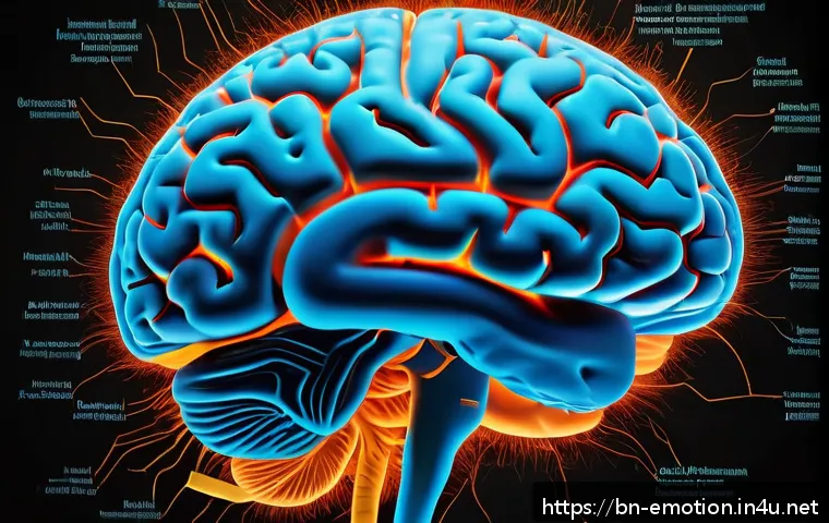 감정전이와 신경과학 - A highly detailed digital illustration of the human brain highlighting key regions involved in emoti...