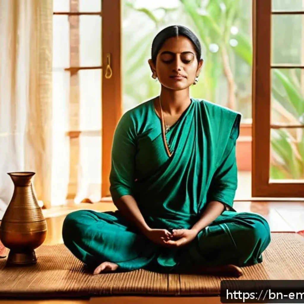 감정전이와 감정 변화를 위한 훈련 - A serene Bengali woman practicing meditation in a traditional home setting, wearing modest comfortab...