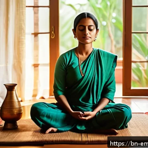 감정전이와 감정 변화를 위한 훈련 - A serene Bengali woman practicing meditation in a traditional home setting, wearing modest comfortab...