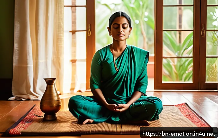 감정전이와 감정 변화를 위한 훈련 - A serene Bengali woman practicing meditation in a traditional home setting, wearing modest comfortab...