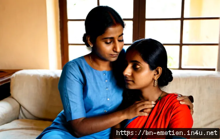 감정전이와 감정적 이해 - Photorealistic scene of two Bengali women seated across from each other in a calm sunlit home living...